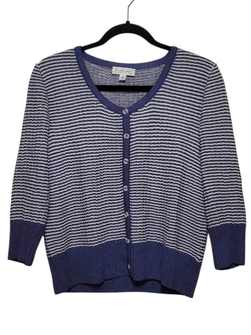 St. John Sport Striped Knit Cardigan Sweater Navy Blue White Small Coastal